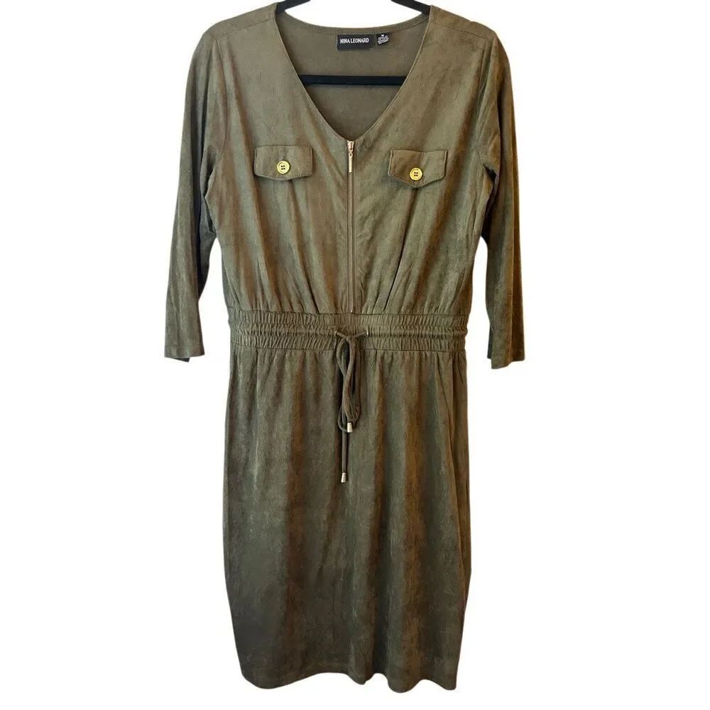 NWT Nina Leonard Olive Faux Suede Dress sz M drawstring cinch waist minimalist